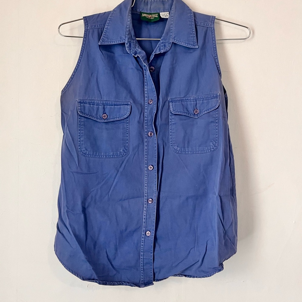 Vintage American Eagle Outfitters Blue Button Down Sleeveless Shirt